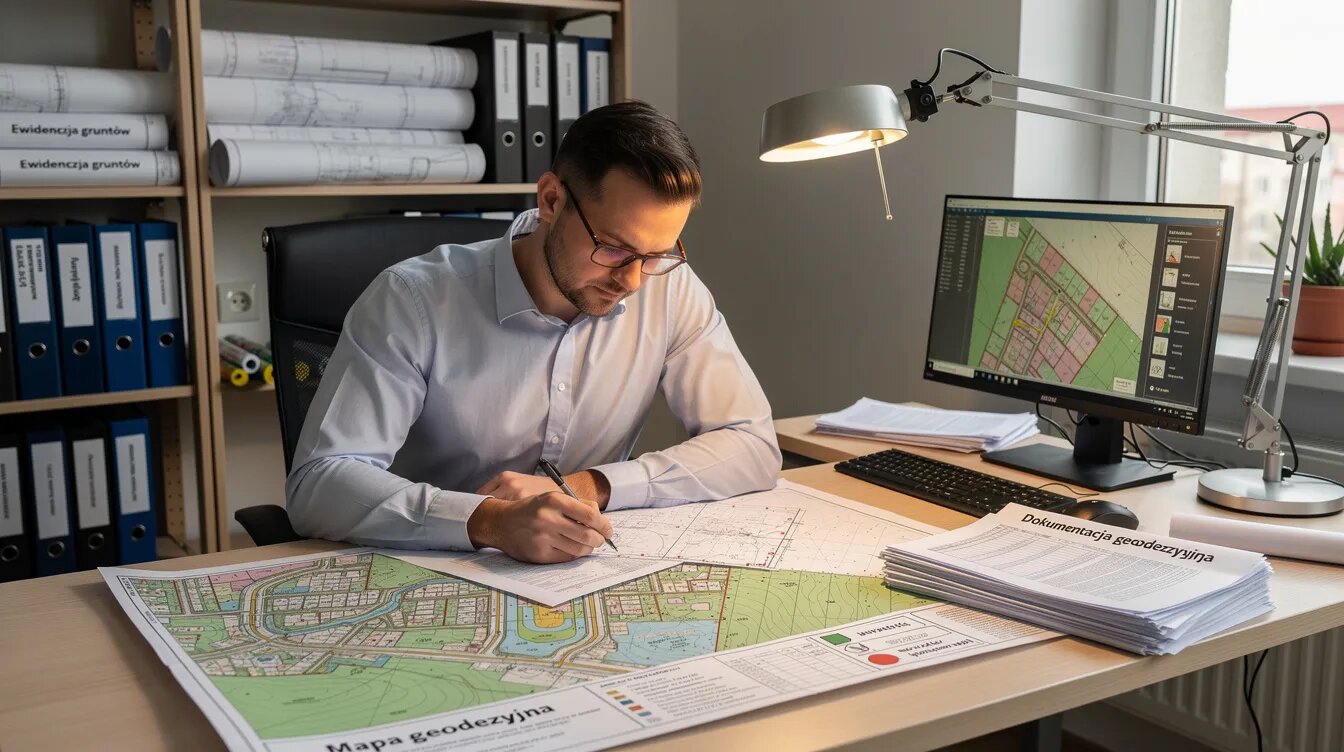 Na zdjęciu widoczna jest osoba przeglądająca dokumenty oraz mapy geodezyjne przy biurku, co może sugerować analizę kwestii związanych z ustanowieniem służebności przesyłu lub obecnością słupa energetycznego na działce. W tle można dostrzec różne akcesoria biurowe, które ułatwiają pracę nad dokumentacją dotyczącą nieruchomości.