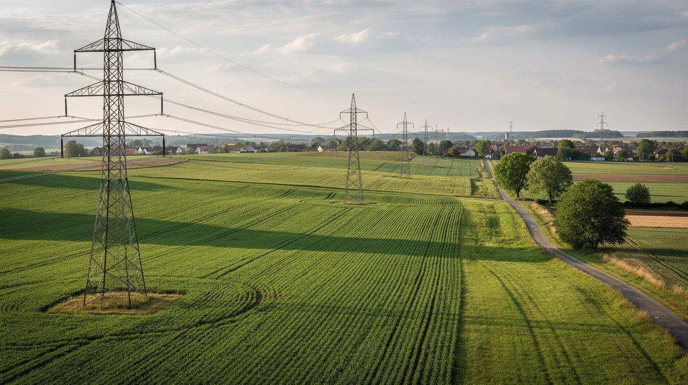 Na zdjęciu widać słupy energetyczne na tle zielonego pola uprawnego, co odzwierciedla typowy polski krajobraz. Obecność słupów elektrycznych może wpływać na wartość nieruchomości oraz ustanowienie służebności przesyłu na działce.